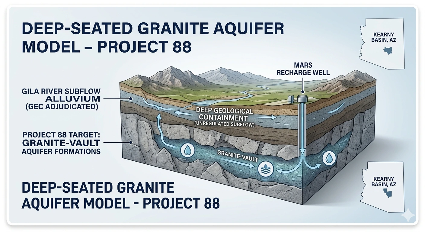 Deep-Seated Granite Aquifer Model showing Gila River Subflow Alluvium (GEC Adjudicated) in upper layers, Deep Geological Containment zone (Unregulated Subflow) as transition, and Project 88 target Granite-Vault Aquifer Formations at depth with MARS Recharge Well drilling down to the protected zone.