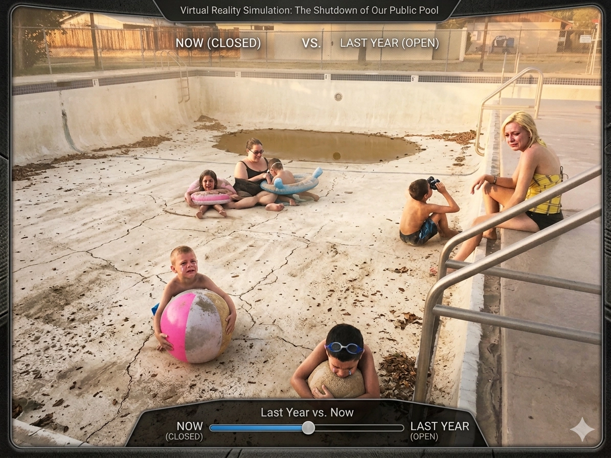 Empty Kearny town pool — no water, no kids, no laughter