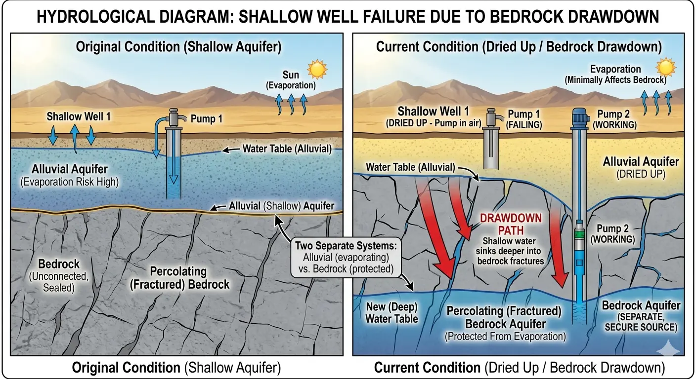 Hydrological diagram showing shallow alluvial well failure due to bedrock drawdown
