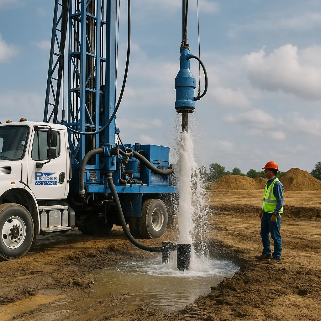 A water well rig actively pumping water from a rehabilitated well head, with a worker in safety gear monitoring the strong flow